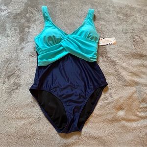 NWT Enjoy the sunshine navy blue teal gathered one piece swimsuit Size M